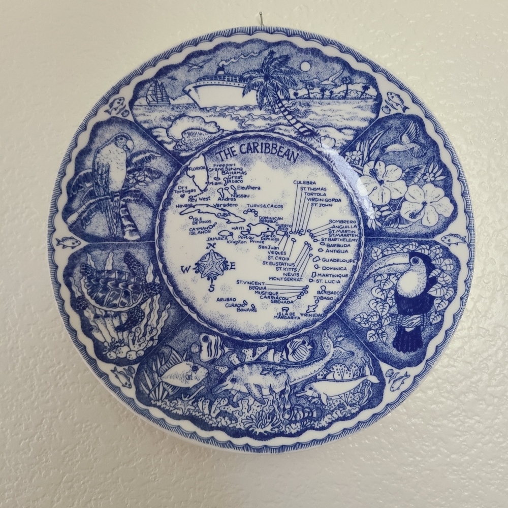 Wall Decor Decorative Plate  Blue White Ceramic Caribbean Islands Home Kitchen